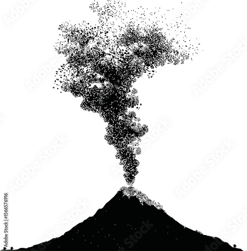 Silhouette of erupting volcano with dense ash cloud on isolated background