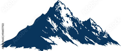 Silhouette of a jagged mountain peak with snow in dark blue and white