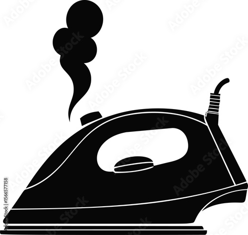 Black silhouette of a steaming iron with smoke in minimalist design