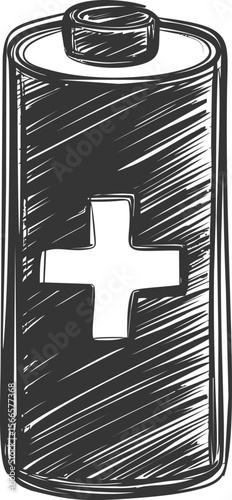 Sketch of a cylindrical battery with cross symbol in black and white style