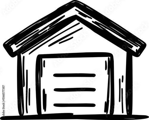 Simple black and white sketch of a house with a triangular roof