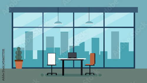 Modern office interior design featuring comfortable chairs, stylish desks, and ample light in a spacious conference room
