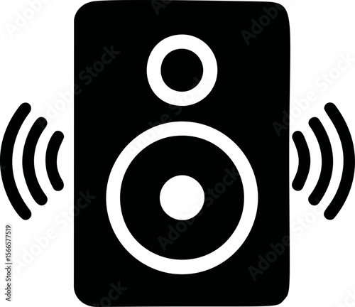 Black speaker icon with sound waves emitting from sides, vector illustration