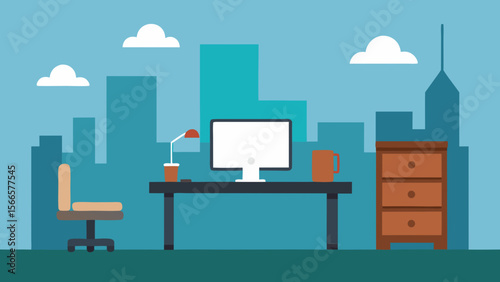 Vector illustration of a modern office interior with furniture, a desk, and a computer