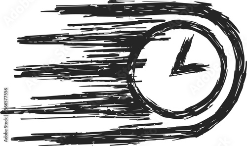 Grunge style fast moving clock illustration in black and white, depicting time