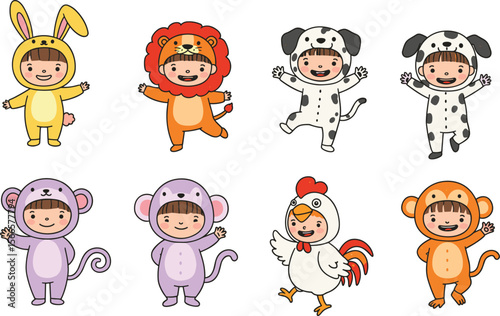 Cute cartoon kids in animal costumes, bunny, lion, dog, monkey, rooster, playful children dress up, vector character set illustration flat vector illustration