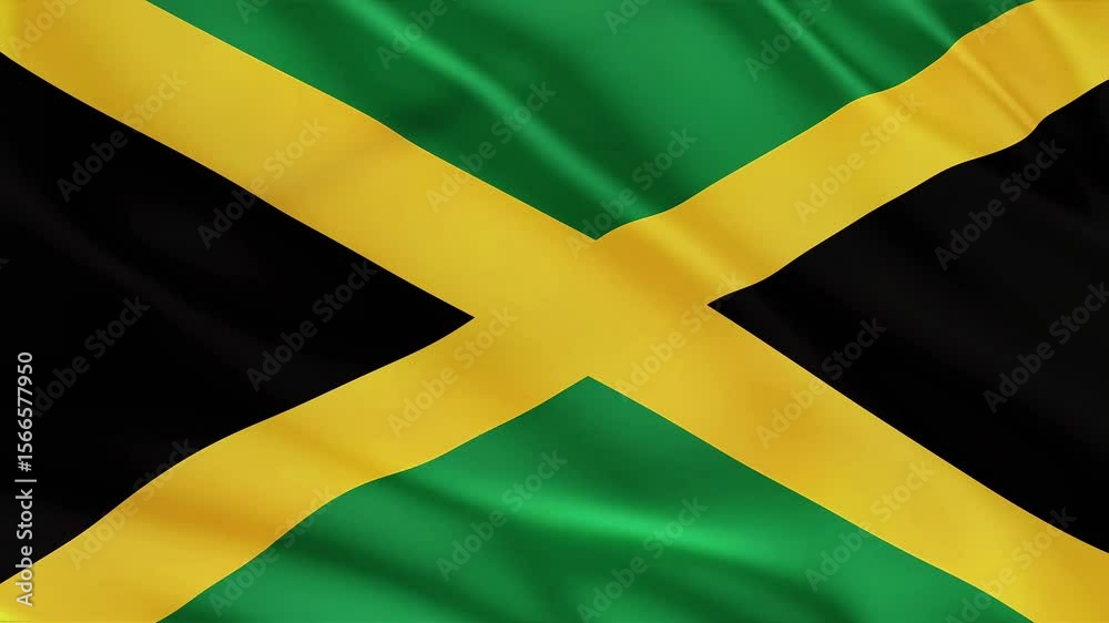 A close-up view of the Jamaican flag waving in the wind, showing vibrant colors.