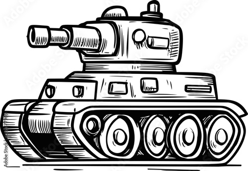 Black and white illustration of a cartoon tank with exaggerated features