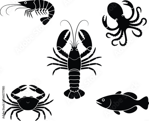 Black and white illustration featuring a grid of marine life silhouettes.
