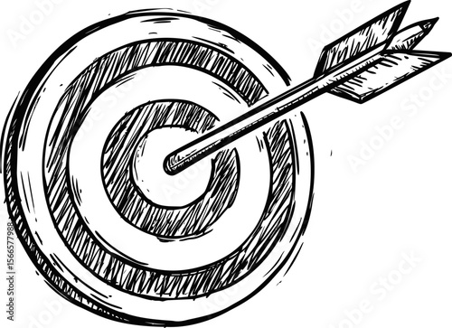 Sketch of an arrow hitting a bullseye on a detailed target drawing black and white