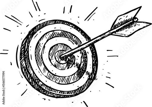 Sketch of an arrow hitting a bullseye on a target with burst lines