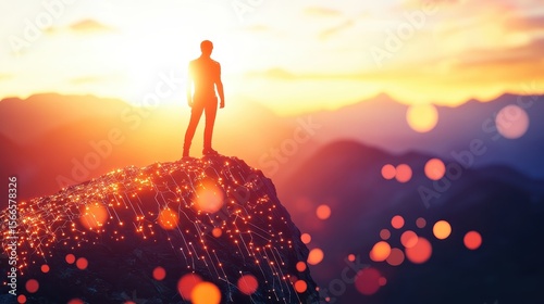 Silhouette of a Person on a Mountain at Sunset with Digital Elements