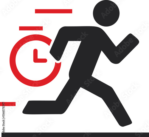 Running figure with red clock symbolizing urgency and speed in a minimalist logo