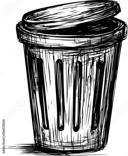 Sketch of a black and white trash can with open lid, vintage line art style