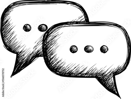 Sketch of two overlapping speech bubbles with dots in black and white illustration