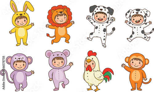 Adorable cartoon kids in animal costumes, bunny, lion, dog, monkey, rooster, fun dress up, children party vector illustration flat vector illustration