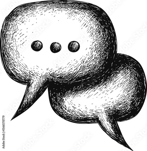 Sketch of two speech bubbles with texture and three dots, communication concept