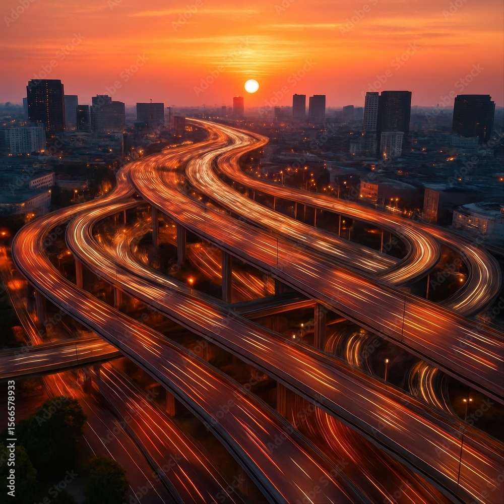 Naklejka premium Aerial View of Busy Highway Interchange at Sunset
