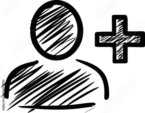 Scribbled user icon with plus sign symbolizing adding a new contact