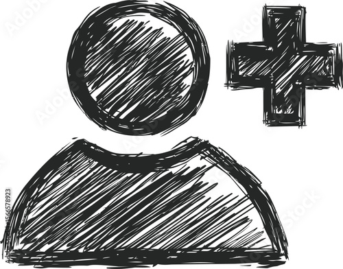 Sketchy black and white user icon with plus sign for adding friends concept