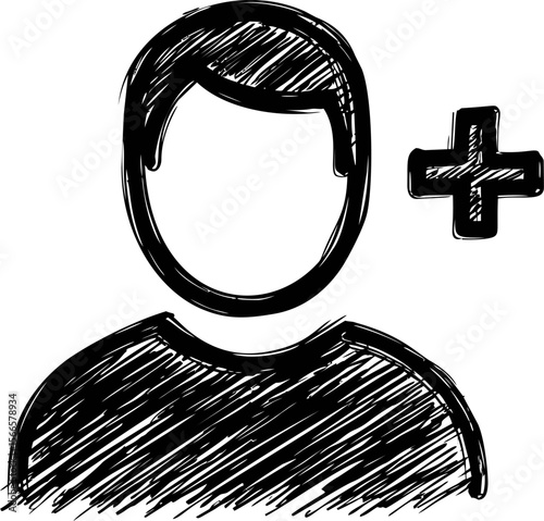 Black sketch of user icon with addition symbol, symbolizing new contact