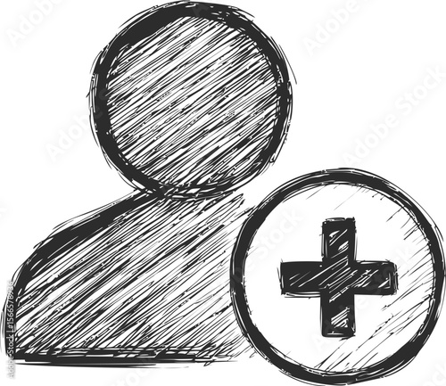 Scribbled user icon with a plus sign in black and white, hand-drawn style