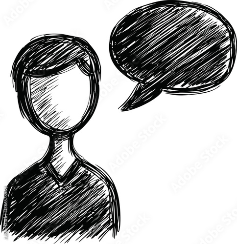 Sketch of faceless person and speech bubble with black shading illustration