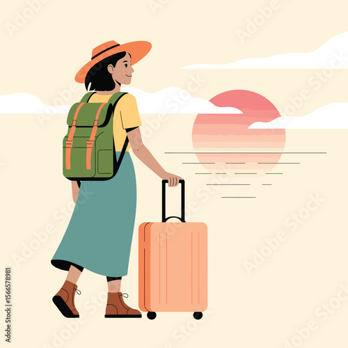 Traveler walking with suitcase at sunset, wearing backpack and hat, with scenic water reflection—ideal for travel, adventure, and lifestyle themes