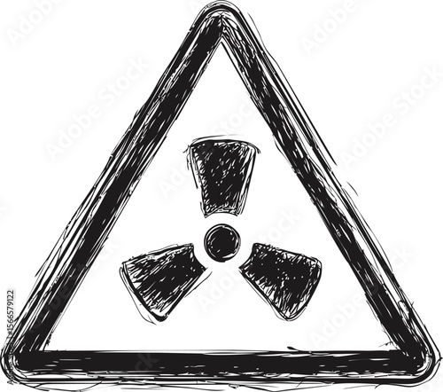 Hand-drawn black and white radioactive warning symbol with sketched texture