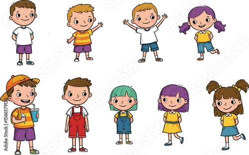 Cartoon happy kids characters, boys and girls smiling, colorful clothes, standing, waving, playing, summer outfit, fun children vector illustration flat vector illustration