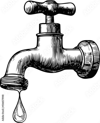 Black and white illustration of a dripping water faucet, vintage style