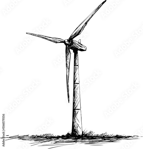 Black and white sketch of a wind turbine with three blades in open field
