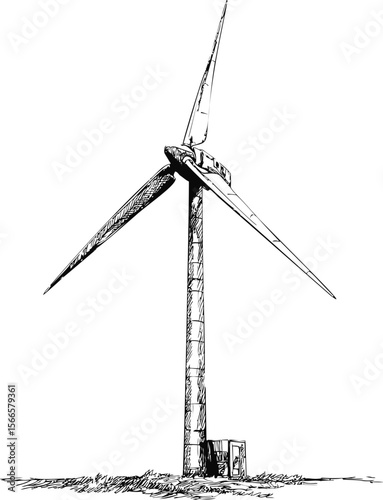 Detailed black and white illustration of a wind turbine