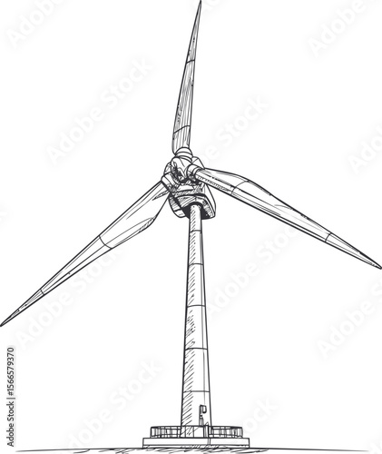 Wind turbine illustration with detailed linework, renewable energy concept