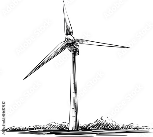 Black and white sketch of a wind turbine in a grassy field, line art style