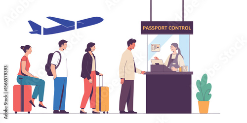 illustration of people at airport passport control with suitcases and documents, airplane in sky, ideal for travel, transit, and tourism concepts
