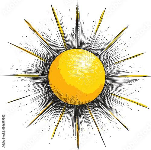 Bright yellow sun illustration with abstract radiating rays in artistic style