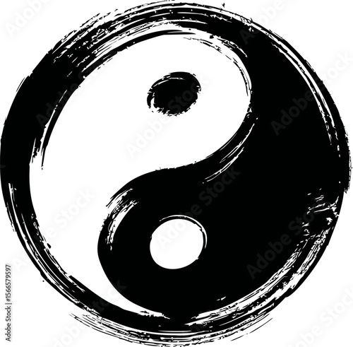 Black and white yin-yang symbol with rough brush strokes