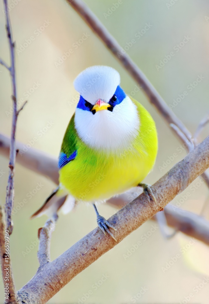 Fototapeta premium A vibrant Blue-headed Vireo perches on a bare branch, its striking colors contrasting against the muted background