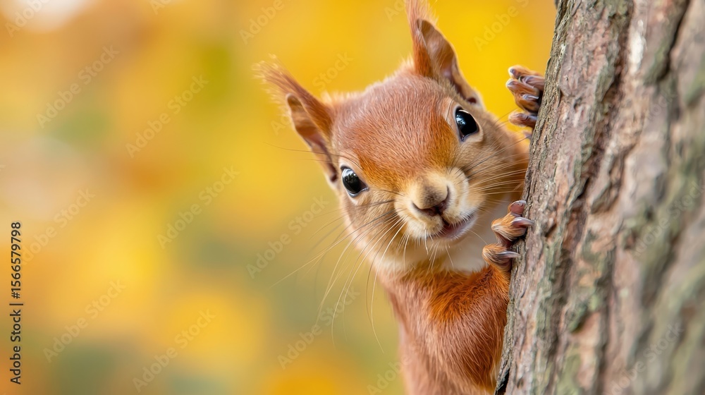 Naklejka premium Close-Up of a Curious Squirrel Peering from Behind a Tree in Autumn, Surrounded by Vibrant Yellow and Orange Leaves in a Natural Setting