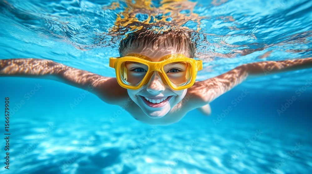 Naklejka premium Smiling child boy enjoying a swim in clear blue water