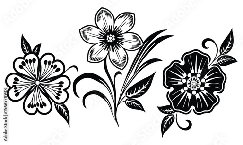 Black floral motifs with leaves flowers black and white