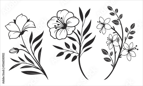 Floral botanical branches with blooming flowers and leaves