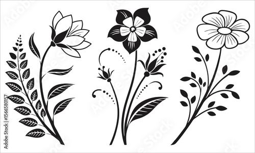 Floral silhouettes with leaves and dots black and white