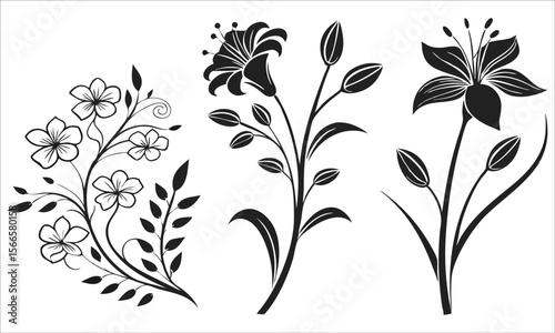 Black floral silhouettes on white background flowers