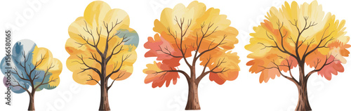 Colorful autumn trees illustration, vibrant fall foliage, vector seasonal tree set, red orange yellow blue leaves, nature clipart, bare branches flat vector illustration