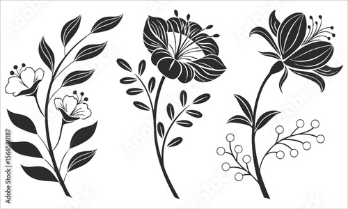 Floral botanical silhouettes black and white leaves