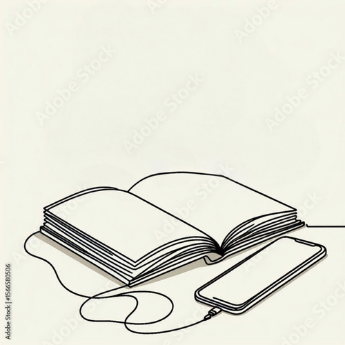 Open book and smartphone connected by audio cable in minimalist design  
