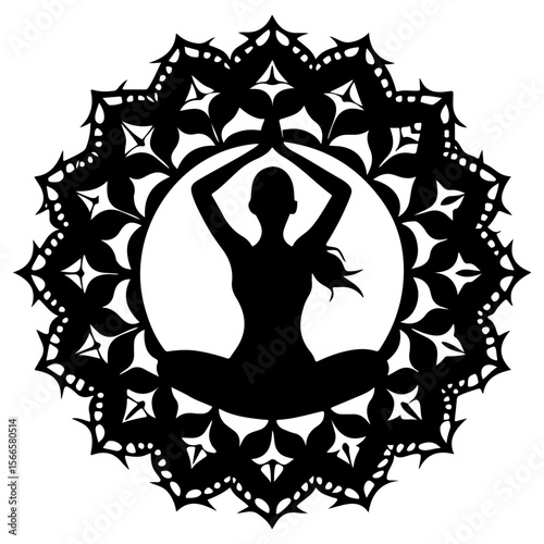 Silhouette of a woman meditating in a yoga lotus pose, a vector illustration of a relaxing spiritual exercise for health and wellness