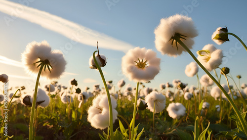 Close-up of white fluffy wildflowers in a golden sun-drenched meadow.









